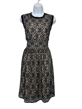 Miss Pinky Black Lace Overlay Fit & Flare Party Dress Nude Lining Sleeveless SzL